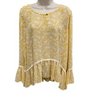 Stitch & lace yellow white boho peasant sheer chiffon long sleeve Career top L